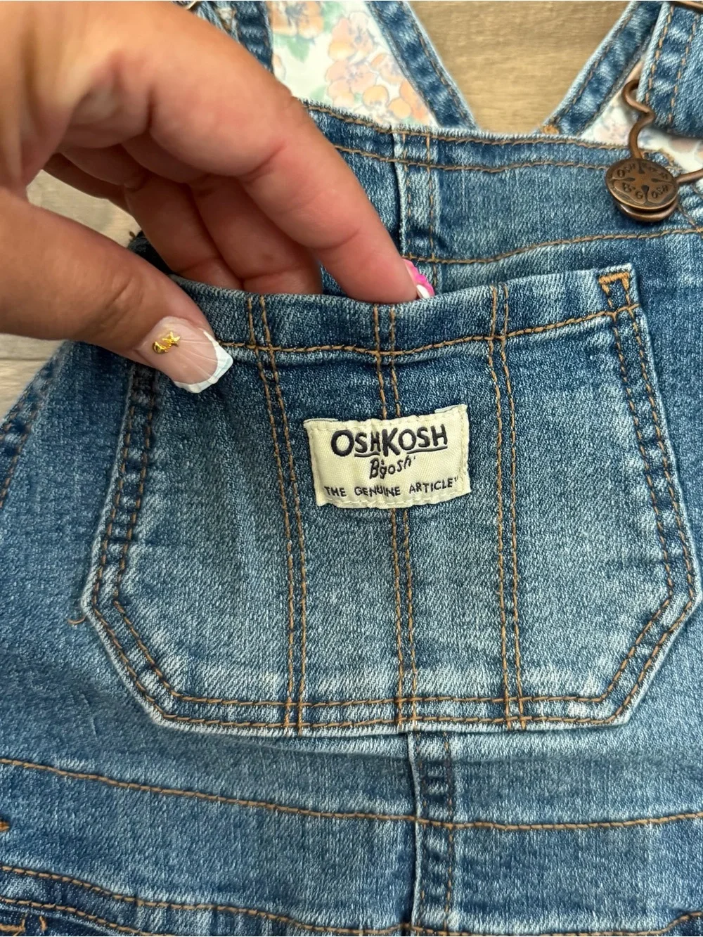 OshKosh B'gosh Toddler Denim Shortalls - Floral Print Ruffle Pocket - Size 3T